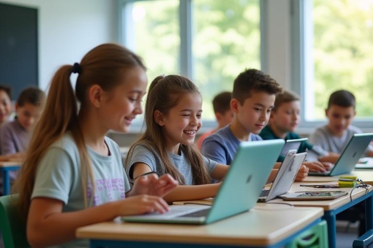 Students engaged with digital learning on tablets in a modern classroom