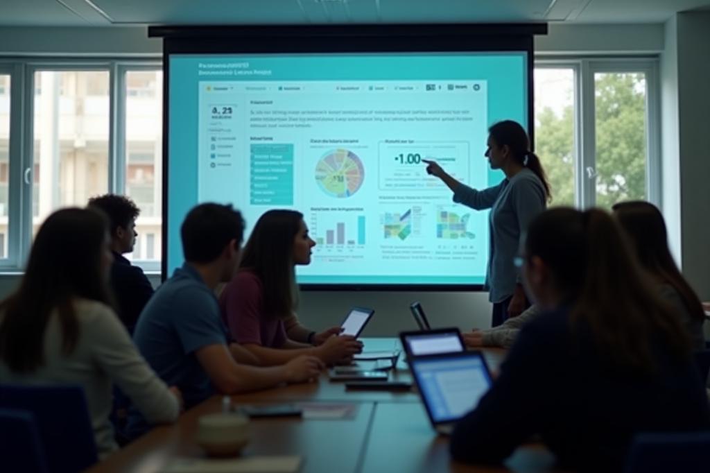 Teacher explaining a data dashboard to students in a modern classroom